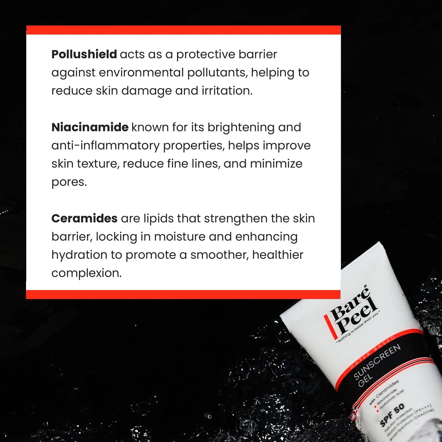 Bare Peel Sunscreen SPF 50 Gel | With Ceramides | No White Cast | Daily Use for Men & Women | UVA/UVB Protection | PA+++ | Broad Spectrum Sunblock, 50g Bare Peel