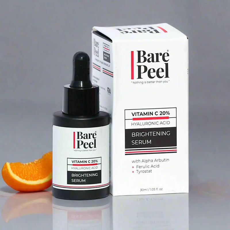 Vitamin C 20% Face Serum for Brightening, Glowing Skin & Anti-Aging Benefits – Hyaluronic Acid, Ferulic Acid & Vitamin E – Bare Peel Skincare