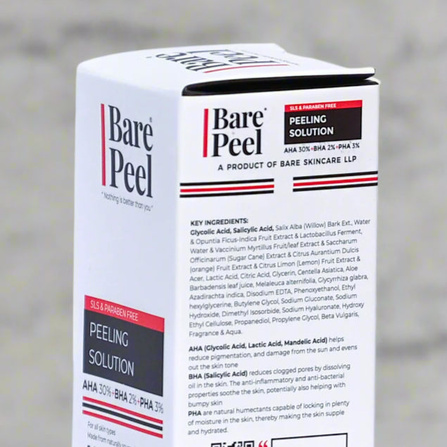 Bare Peel AHA 30% + BHA 2% w/w + PHA 3% Peeling Solution | 10-Minute Facial Exfoliator | Reduces Acne, Dark Spots & Improves Skin Texture – Dropper Bottle, 30ml