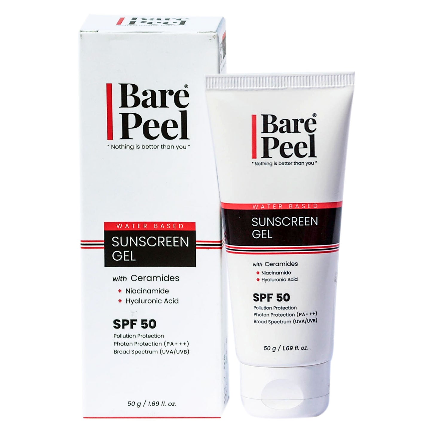 Bare Peel Sunscreen SPF 50 Gel | With Ceramides | No White Cast | Daily Use for Men & Women | UVA/UVB Protection | PA+++ | Broad Spectrum Sunblock, 50g