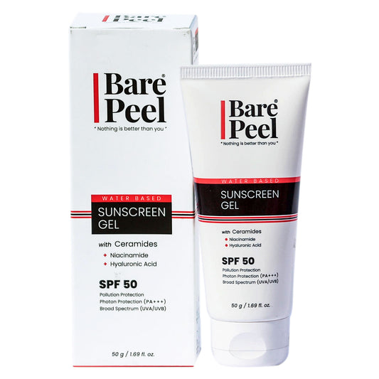 Bare Peel Sunscreen SPF 50 Gel | With Ceramides | No White Cast | Daily Use for Men & Women | UVA/UVB Protection | PA+++ | Broad Spectrum Sunblock, 50g